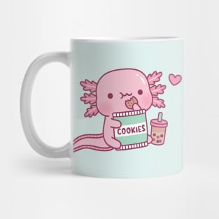 Cute Axolotl Snack On Cookies And Bubble Tea Mug